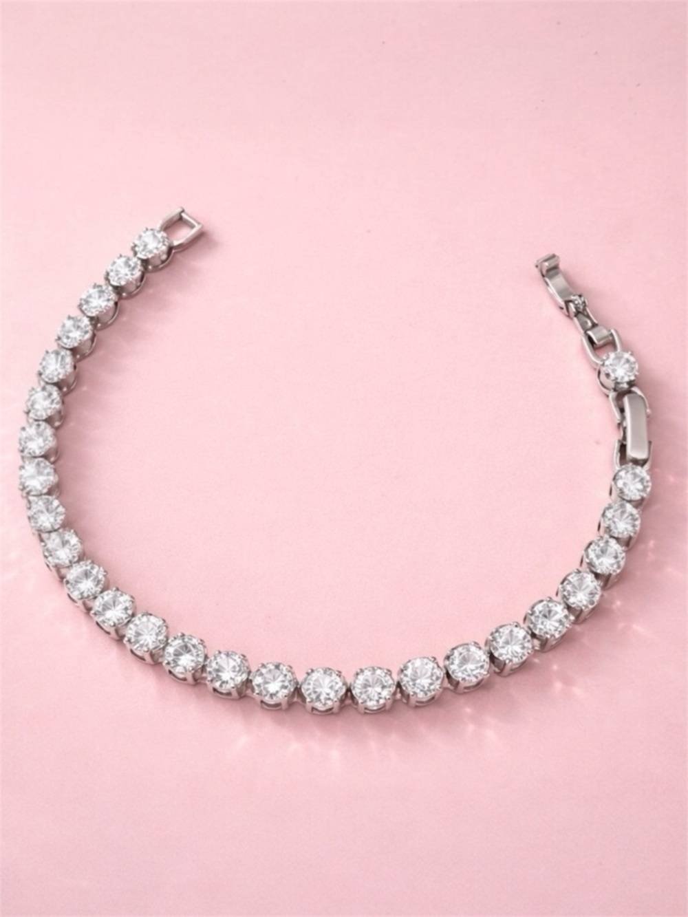 Platinum Plated Tennis Bracelet High Polish Statement Dainty Real Crystal